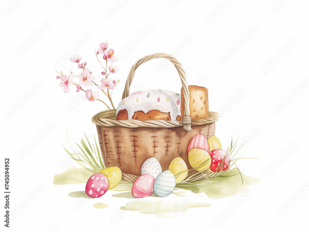 The watercolor illustration features an Easter kulich in a wooden basket, and painted eggs and tree branches with flowers on a white background.