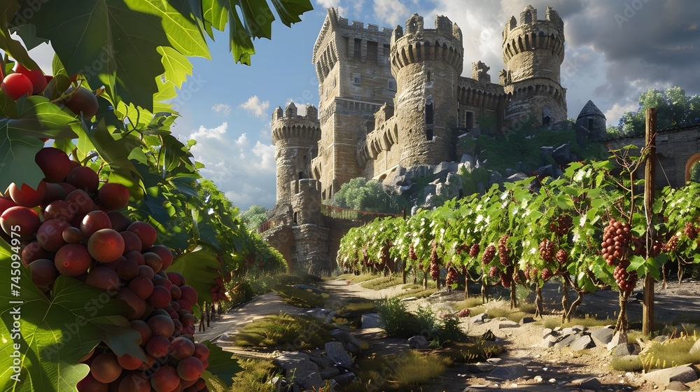 Medieval Castle Overlooking Vineyards with Ripe Grape Bunches. The medieval castle overlooking the vineyards exudes a sense of grandeur and history. - obrazy, fototapety, plakaty 