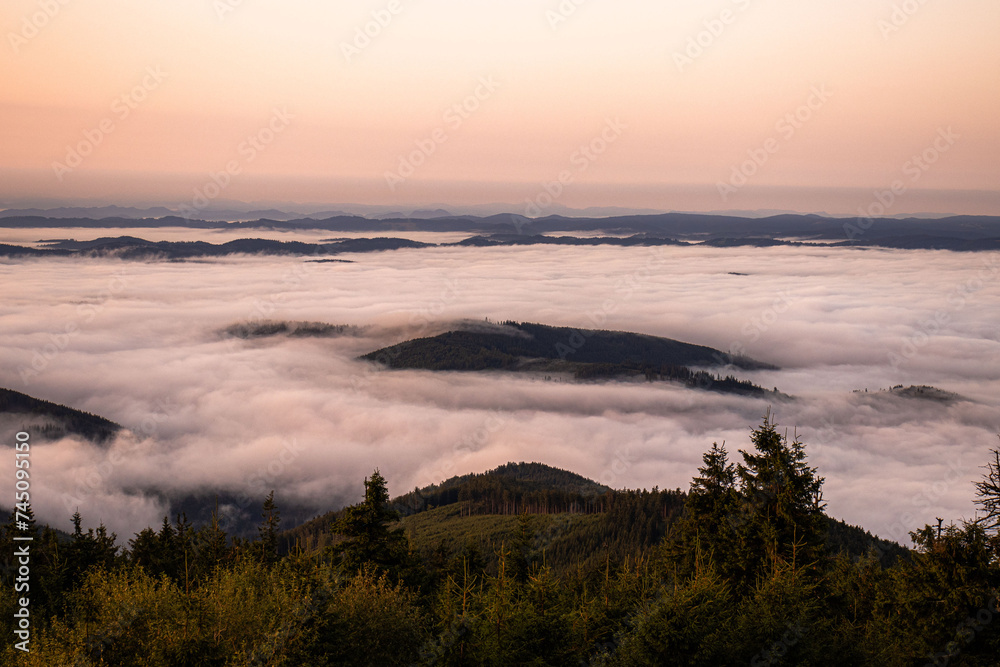 View above the clouds, clouds under mountains, sunrise, Lysá hora, Beskydy, Czech Republic