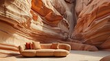 A sofa made of rock located in the desert, in the style of layered veneer panels, organic stonework, light orange, wallpaper, flowing lines, immersive, photo, cinematic texture. The composition and to