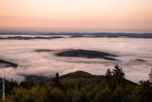 View above the clouds, clouds under mountains, sunrise, Lysá hora, Beskydy, Czech Republic