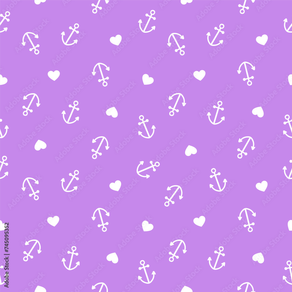 Purple seamless pattern with anchors and hearts