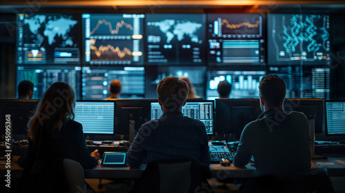 Group of Successful Stock Exchange Traders and Investors Using Sophisticated Computer Software to Monitor, Research and Predict Live Market Financial Data Behavior on Computers and Mobile Devices