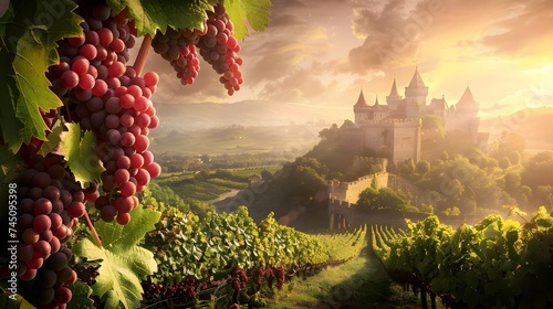 Medieval Castle Overlooking Vineyards with Ripe Grape Bunches. The medieval castle overlooking the vineyards exudes a sense of grandeur and history.