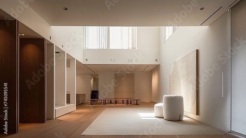 an empty room with a white wall and sculpture