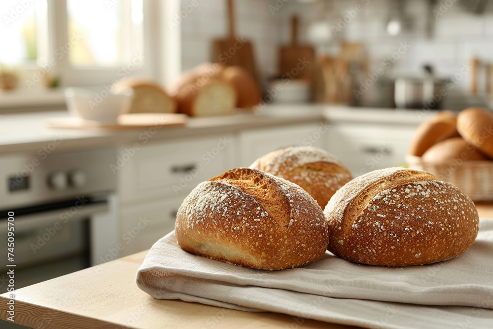 Healthy cracked whole grain wheat breads on a wooden table in a bright modern kitchen. Healthy cracked whole grain wheat breads on a wooden table in a bright modern kitchen.