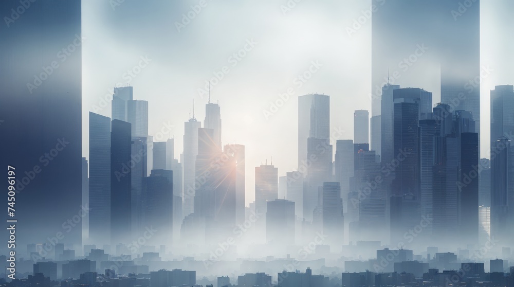 A shimmering downtown vista under a foggy sky at morning A shimmering downtown vista under a foggy sky at morning