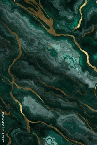 Abstract art featuring emerald and gold hues inspired by marble or agate patterns 