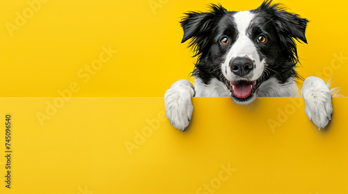 Black white border collie peeking over yellow web banner. Copy space. photo