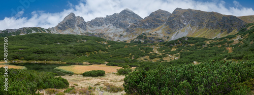 Panoramic view of hiking trail leading through Dolina Gasienicowa Valley in Poland's Tatra National Park with the High Tatra mountain range in the background, including Koscielec and Swinica mountains photo