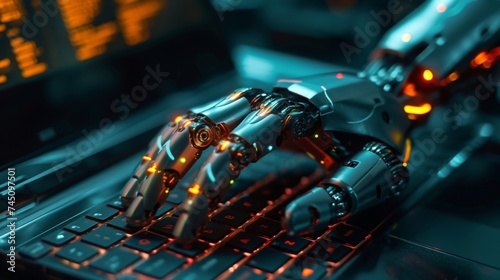 Modern robotic technology concept futuristic robot hand on laptop computer with digital screen in background © VICHIZH
