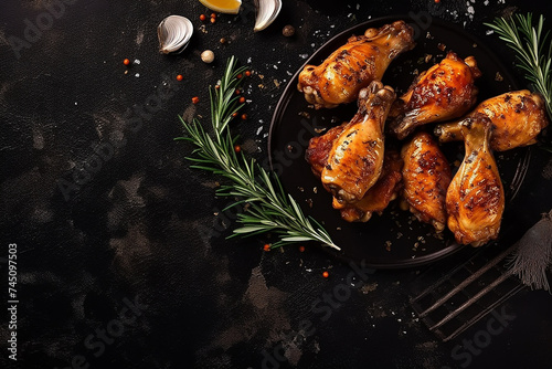 Roasted chicken drumsticks with herbs on dark background.