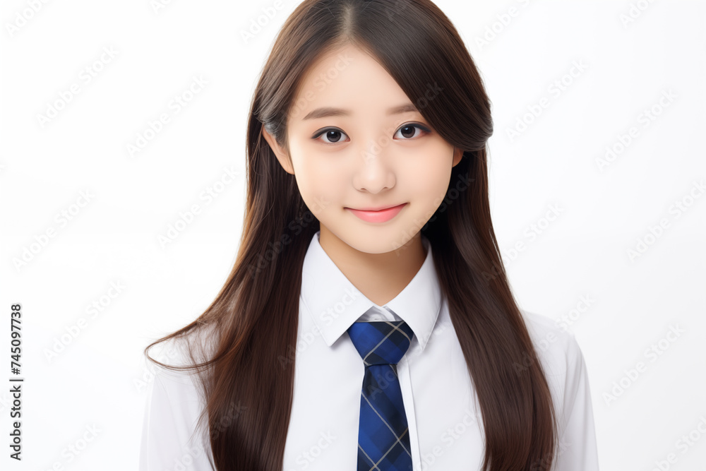 Teen pretty Japanese girl over isolated white background business uniform