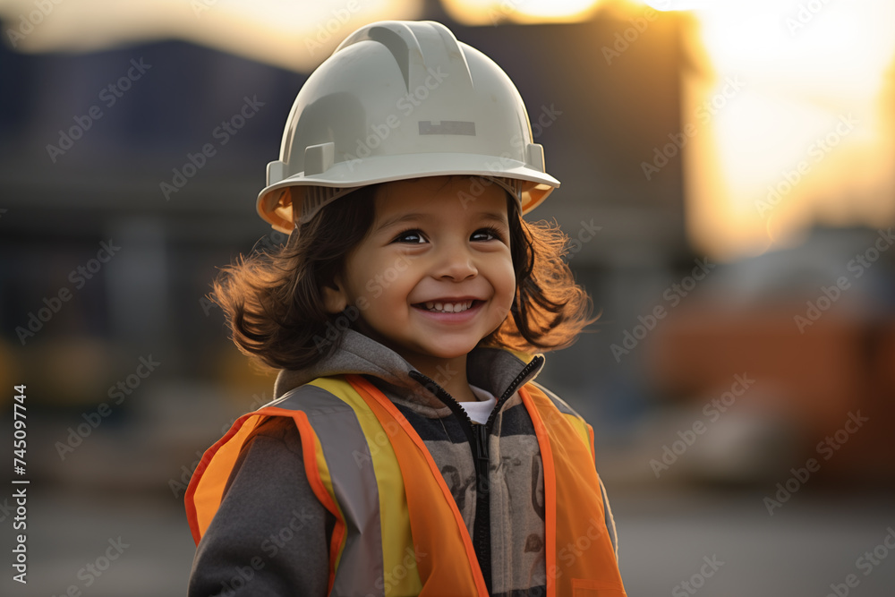 Little brunette kid at outdoors with worker cap Little brunette kid at outdoors with worker cap