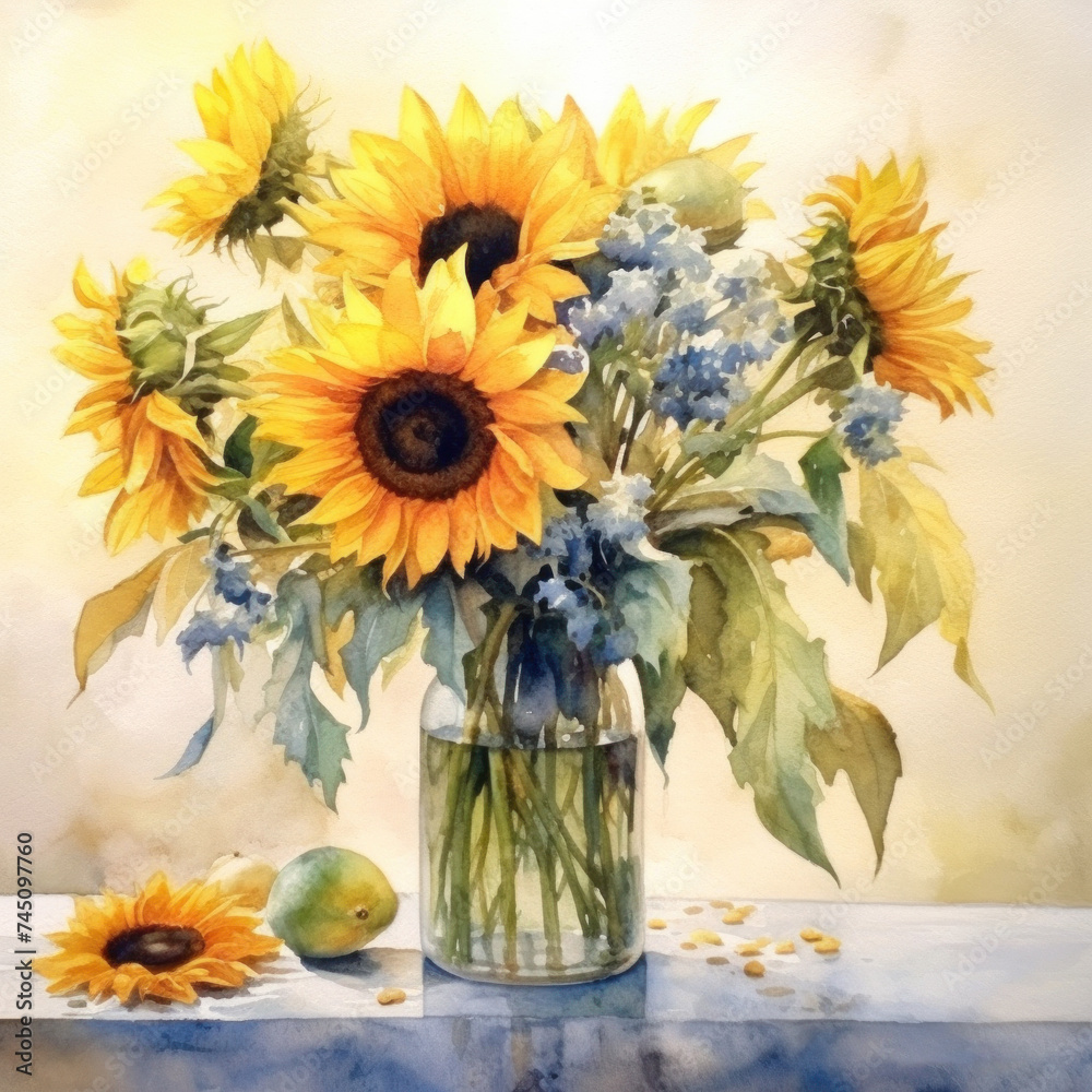 Fototapeta premium Sunflowers in vase watercolor painting. Glass vase with yellow sunflowers.