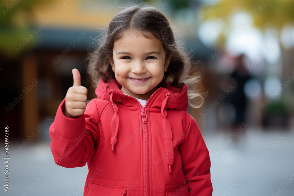 Cute little caucasian girl at outdoors with thumb up Cute little caucasian girl at outdoors with thumb up