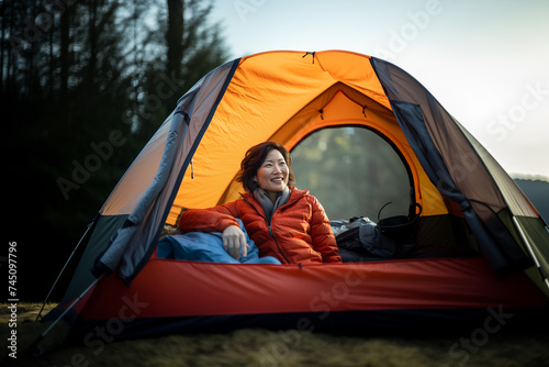 Middle aged Chinese woman at outdoors inside a camping tent