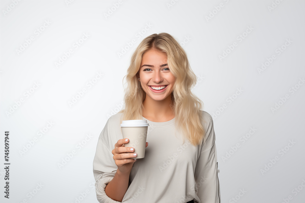 Young pretty blonde girl over isolated white background holding a take away coffee Young pretty blonde girl over isolated white background holding a take away coffee