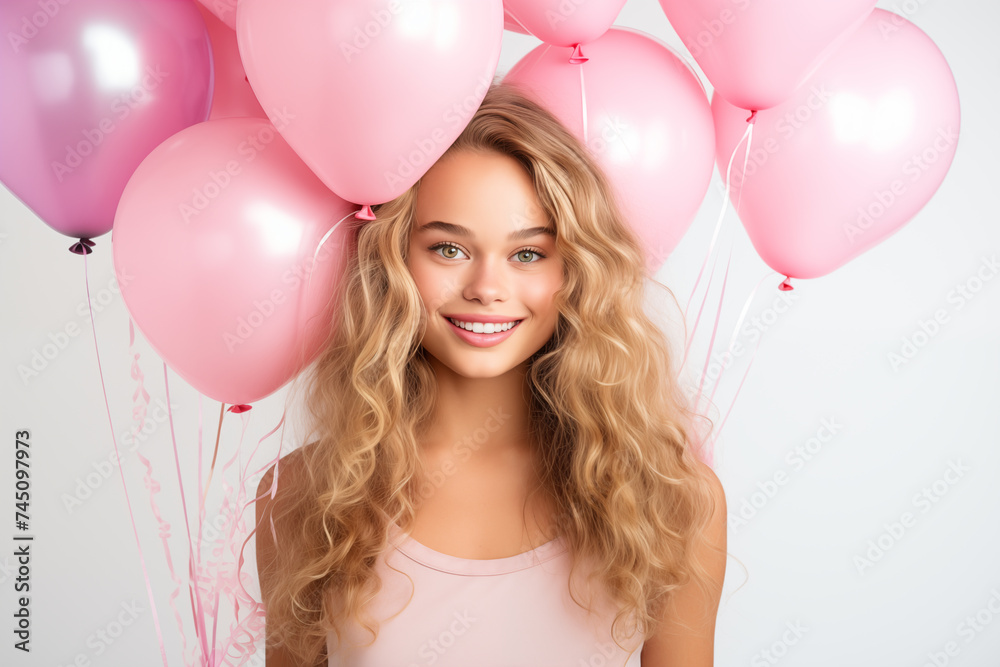 Young pretty blonde girl over isolated white background holding balloons