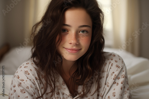 Young pretty brunette girl at indoors in a bathrobe