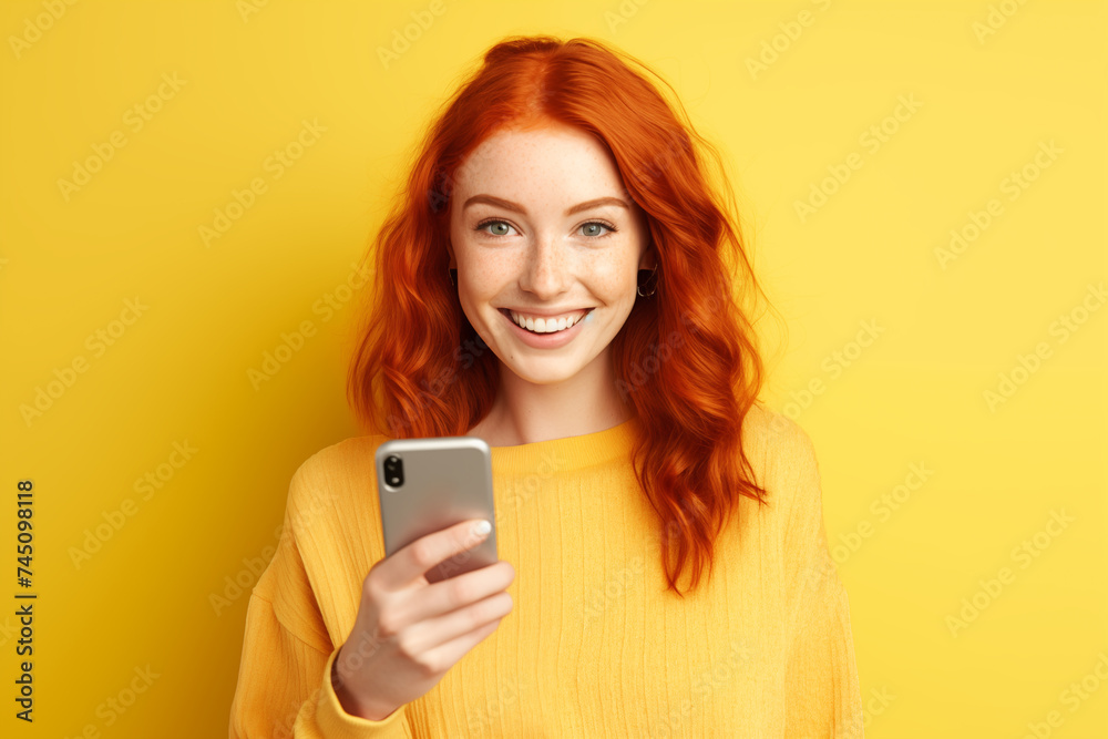 Young pretty Redhead girl over colorful background using mobile phone Young pretty Redhead girl over colorful background using mobile phone