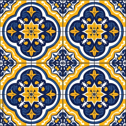 Tile Design: Vibrant Cobalt Blue and Yellow Floral Geometry, Azulejo Inspired, Hand Edited Generative AI