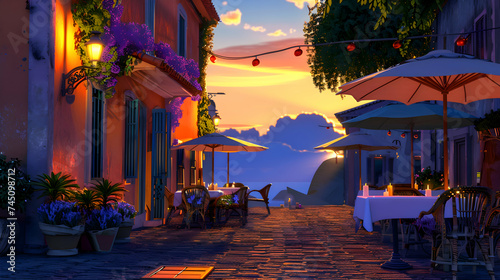 A quaint piazza adorned with charming outdoor cafes, their tables set with flickering candles and colorful umbrellas, as the sky transitions from vibrant orange to deep indigo