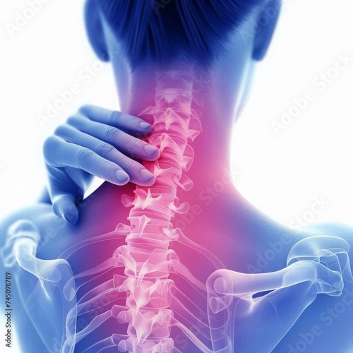 Neck Pain Awareness:Woman's Spine in Office Setting, Emphasizing Neck Discomfort and Realism