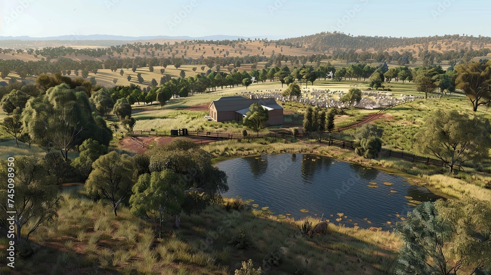 large Western Australian sheep farm, aerial view, farm house, sheep, small dam, summer clear sky, photo realistic,