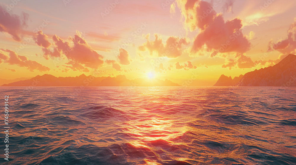 majestic horizon, expansive ocean meeting the sky, with distant mountains barely visible, and a warm, golden sunset casting vibrant colors across the scene