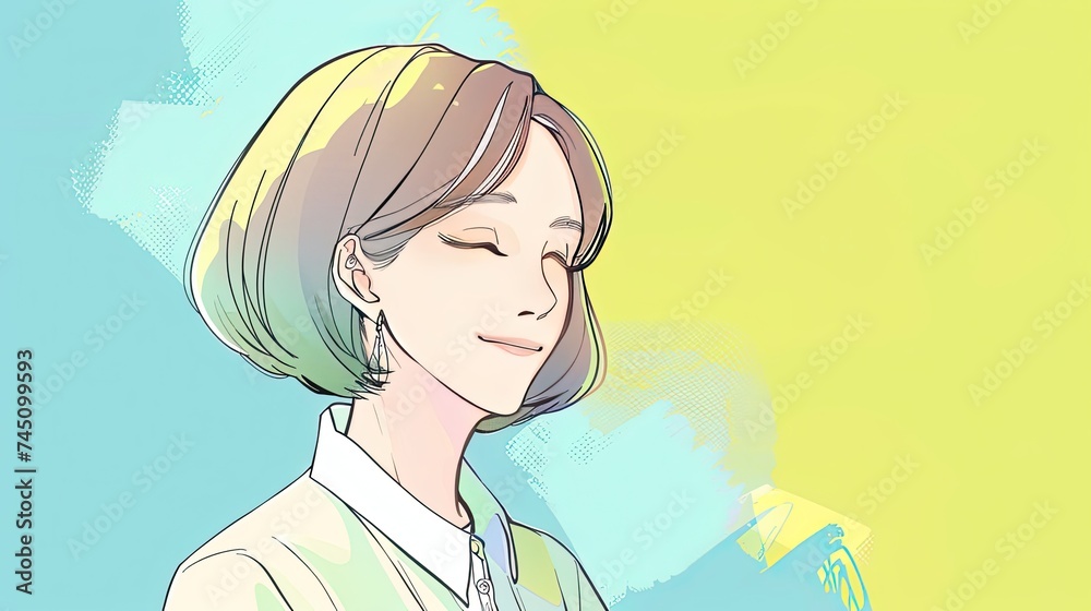 Light yellow and light blue background with a 40-year-old woman, hand-drawn anime style Light yellow and light blue background with a 40-year-old woman, hand-drawn anime style