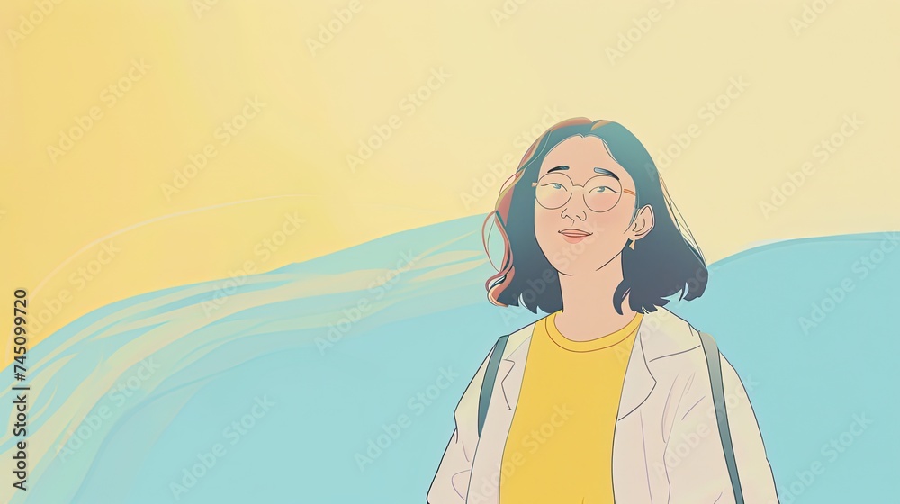 Light yellow and light blue background with a 40-year-old woman, hand-drawn anime style