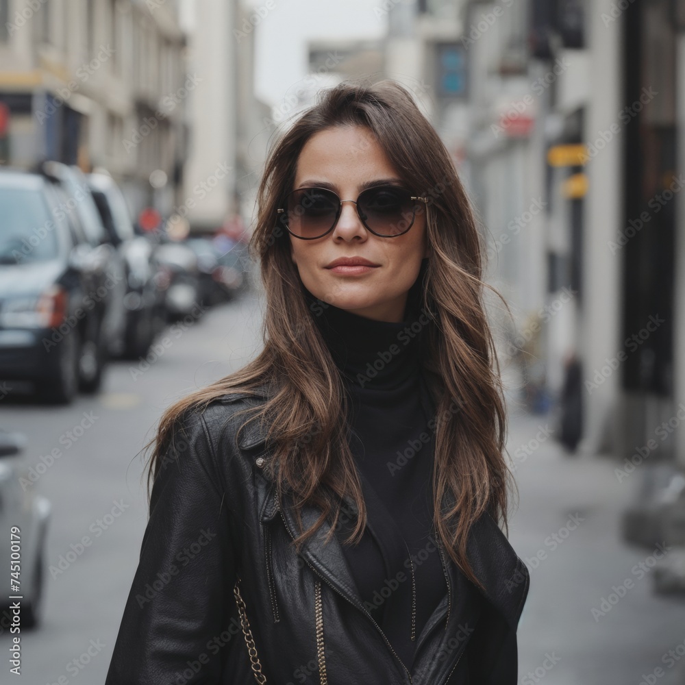 Confident city woman looks stylish in sunglasses on bustling street 