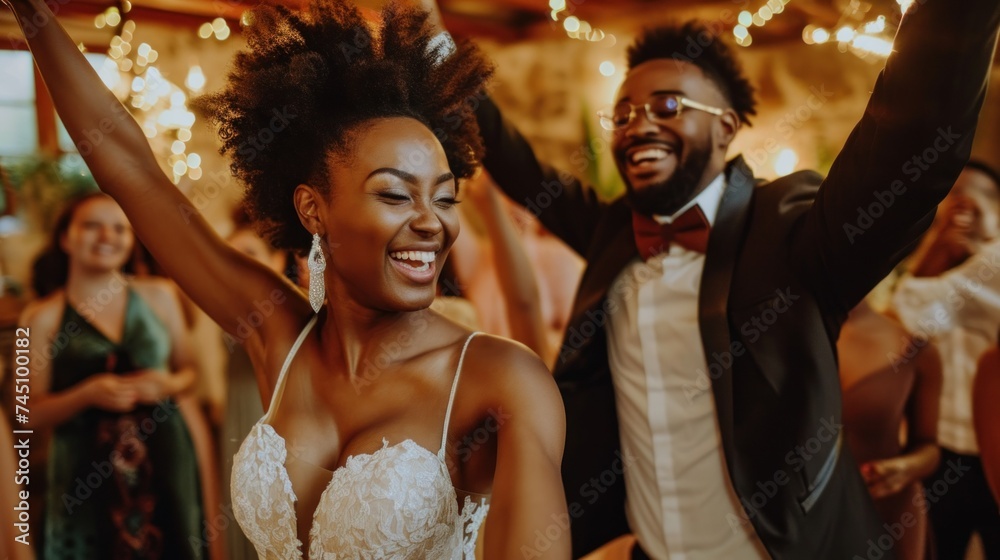Charming black wedding couple celebrating with friends Charming black wedding couple celebrating with friends