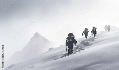 Hiking Through Snowy Peaks: A Group's Adventurous Journey to the Summit © uhdenis