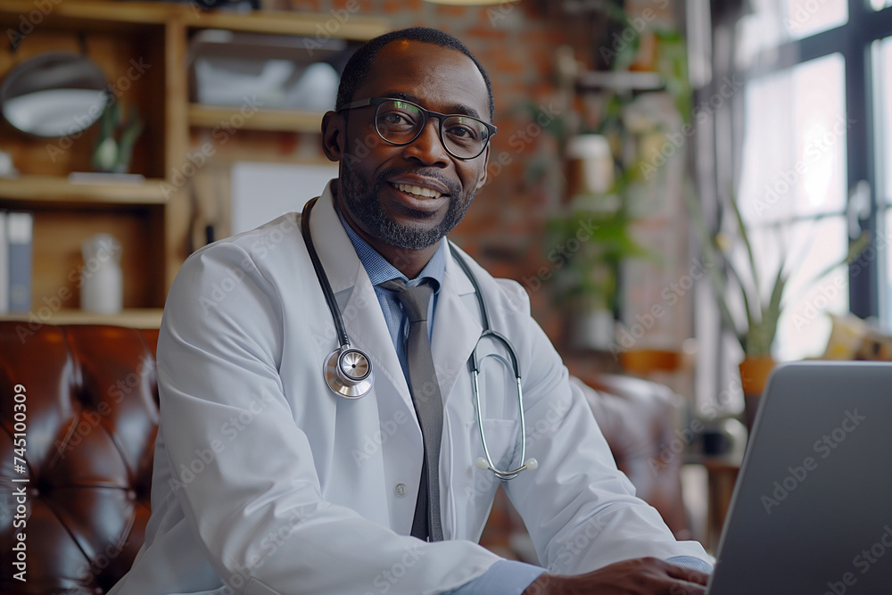 Confident ethnic doctor,smiling,working in office with his laptop. Confident ethnic doctor,smiling,working in office with his laptop.