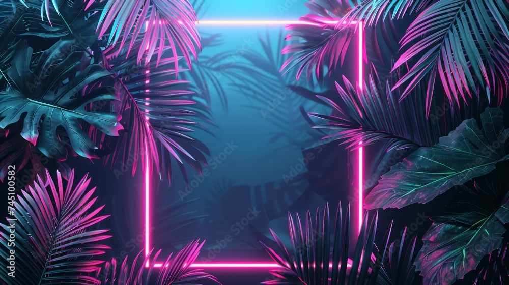 neon frame with tropical leaves neon frame with tropical leaves
