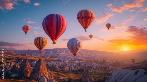 Colorful hot air balloons flying over mountain
