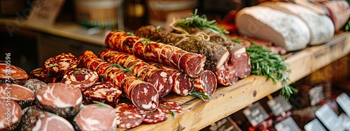 meat cuts selection displayed in wooden ray at a butcher