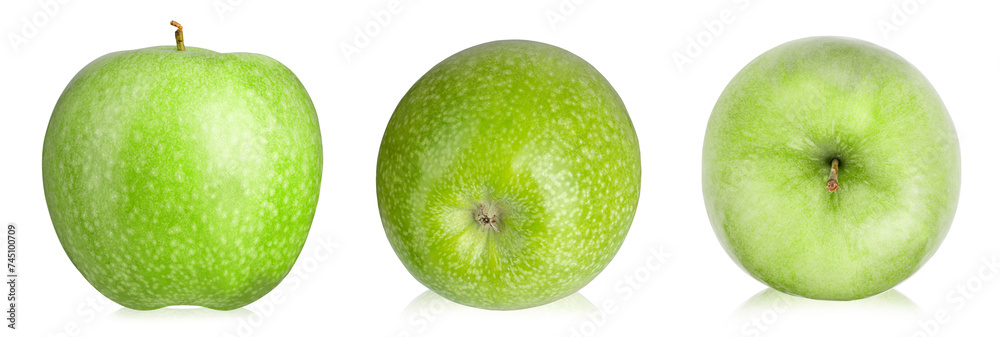 Fotografie Three ripe green apples, set, isolated on white background.
