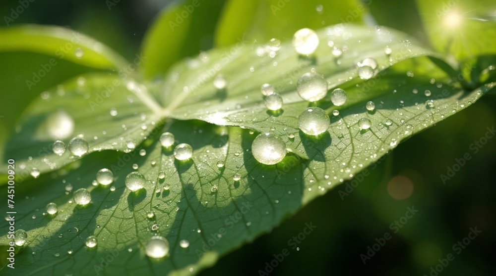 Dewy green leaf sparkles under the radiant sunlight Dewy green leaf sparkles under the radiant sunlight
