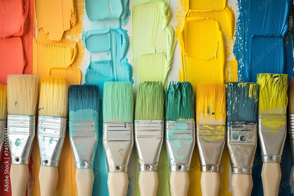 Brushes choosing colors for paint walls - obrazy, fototapety, plakaty 