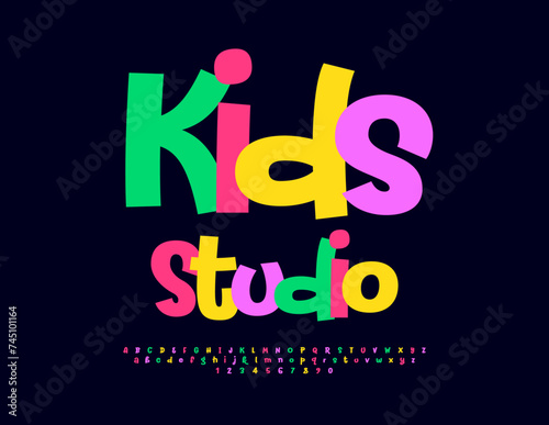 Vector bright banner Kids Studio with playful Font. Colorful set of Alphabet Letters and Numbers.