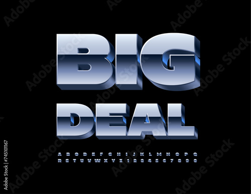 Vector cool Emblem Big Deal. Trendy Silver Font. Metallic 3D  Alphabet Letters and Numbers set.