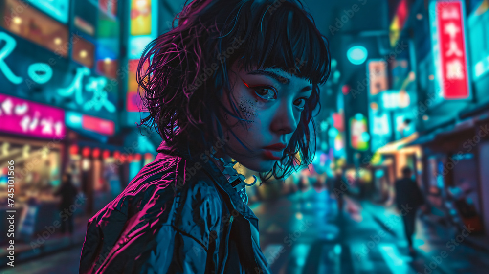 girl in futuristic cyberpunk city, anime style