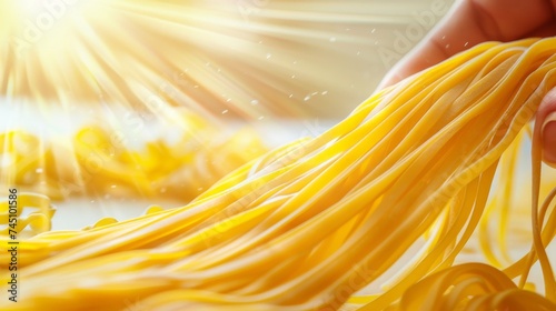 Close up hands making fresh italian pasta on white kitchen background