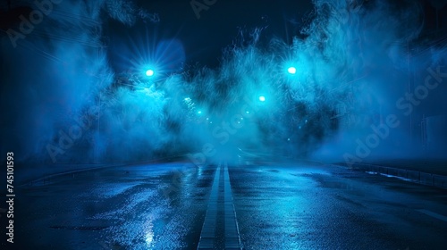 Dark empty scene, blue neon searchlight light, wet asphalt, smoke, night view, rays - generative ai