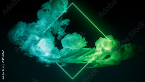 Green and Turquoise Neon Light with Cloud Formation. Diamond shaped Fluorescent Frame in Dark Environment. photo