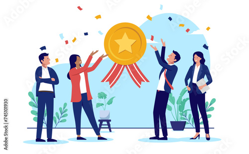 Business team achievement - Group of cheerful businesspeople celebrating award medal with confetti and smiling. Teamwork winners concept in flat design vector illustration with white background