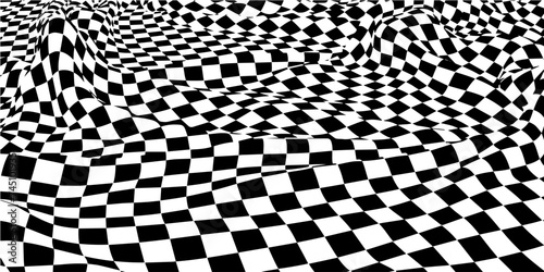 Abstract vector background  wavy surface with curve pattern  black quards. For banner. Black checkers isolated on white. photo